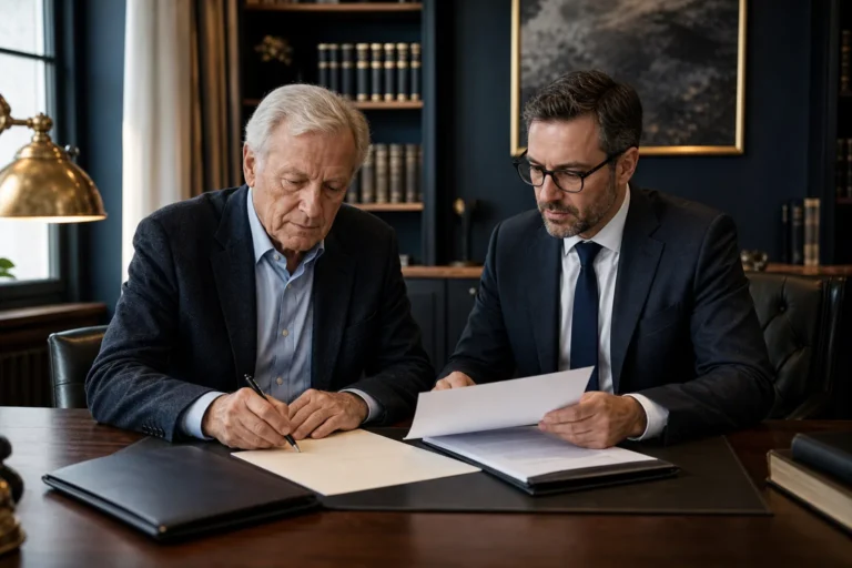 Klient sporządzający testament podczas konsultacji z prawnikiem
